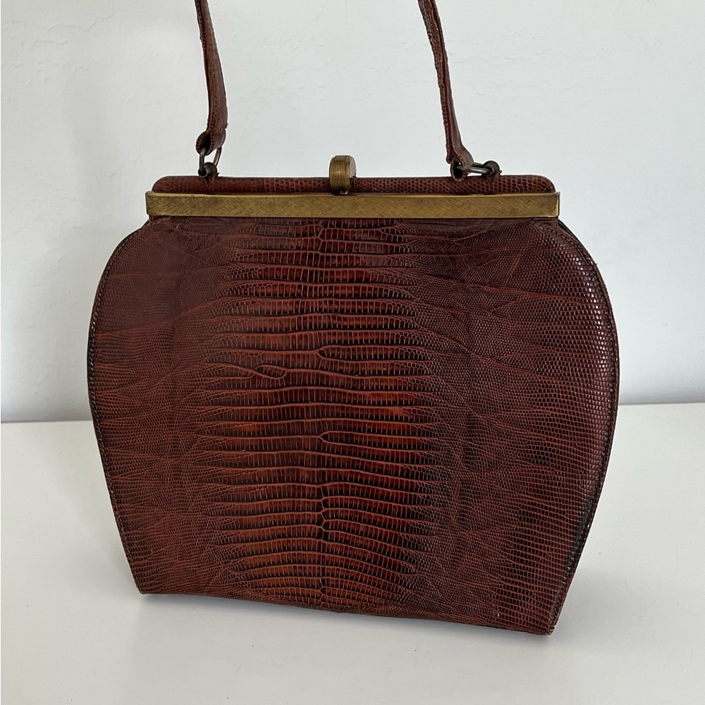 Vintage Lizard Skin Handbag, 1940s 1930s Kelly Lizard Handbag, Burgundy Red